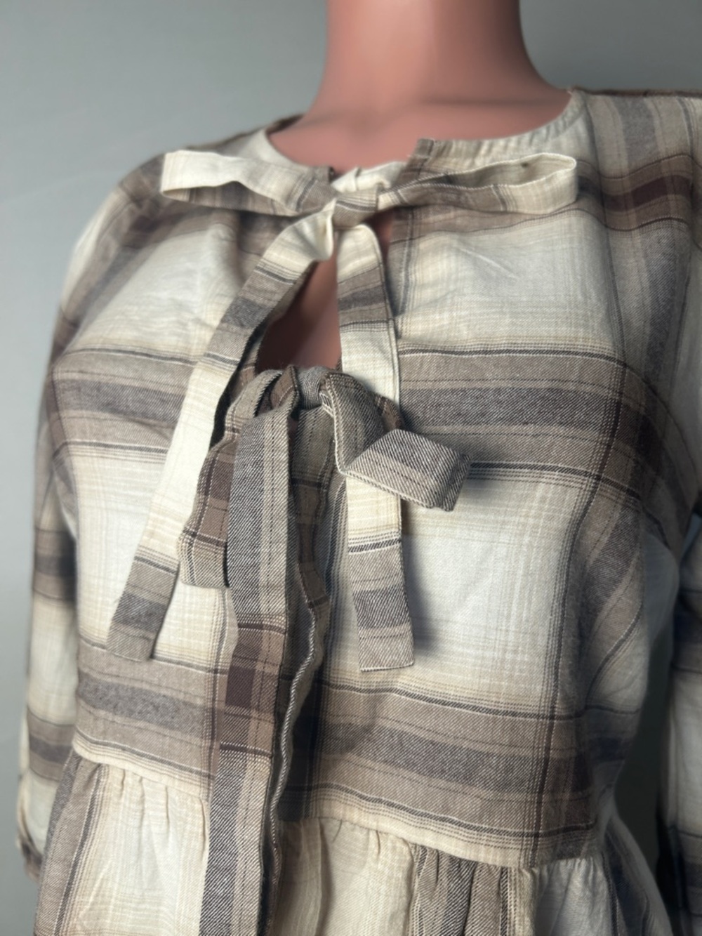 LOFT Women’s Plaid Flannel Bow Balloon Sleeve Tied-Front Peplum Top XS - Picture 5 of 11
